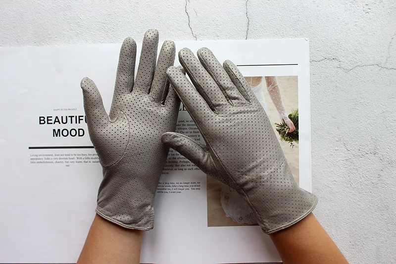 Summer Driving Women's Sheepskin Leather Gloves With Thin Silk Lining Sun Protection and Anti Slip Motorcycle Riding Gloves