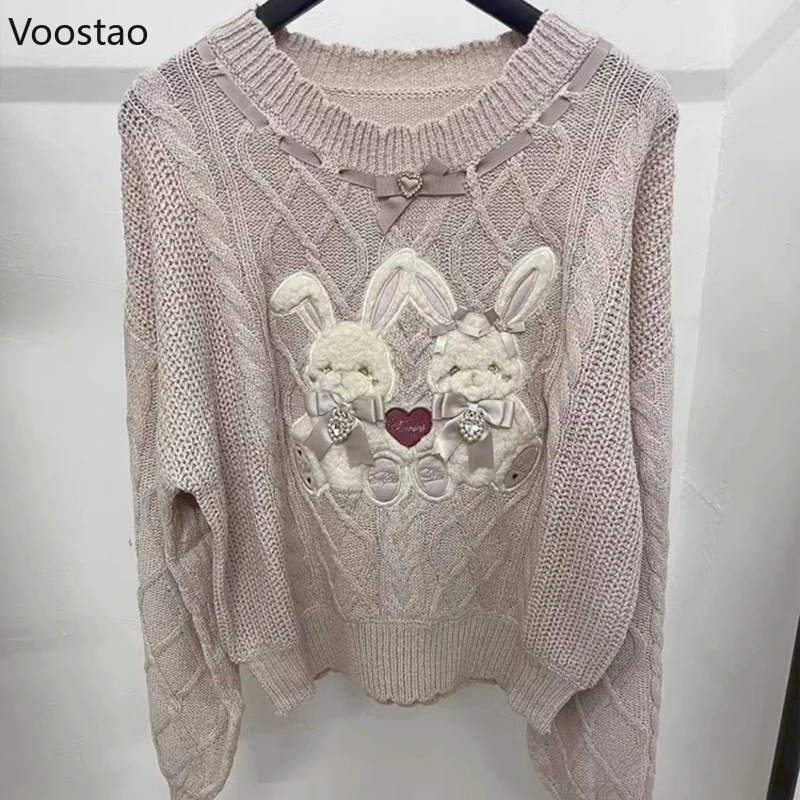 

Милые вязаные пуловеры с мультяшным плюшевым кроликом в стиле "Лолита", свободный свитер для японских девушек с милым бантом, милая трикотажная одежда в Корейском стиле Y2k, топы