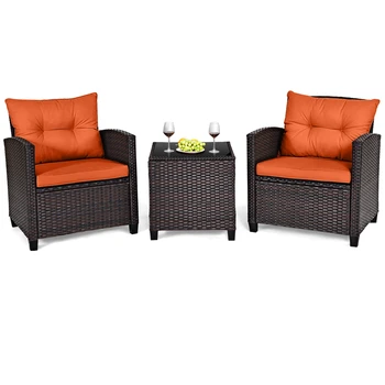 3 PCS Patio Rattan Furniture Set Cushioned Conversation Set Sofa Orange 2