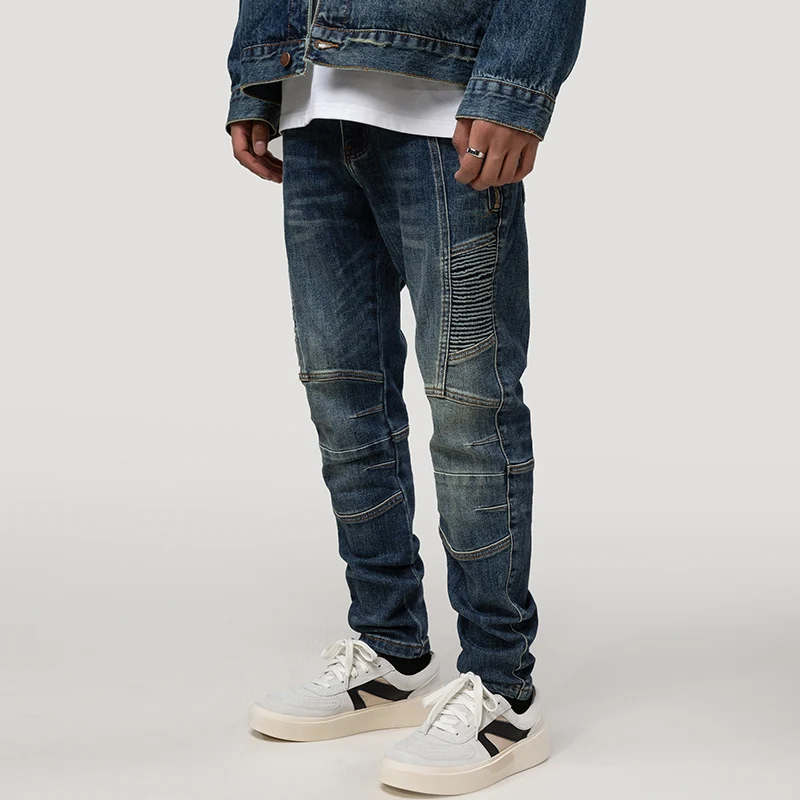 Streetwear Fashion Men Jeans Retro Dark Blue Elastic Slim Fit Ripped Biker Jeans Men Spliced Designer Hip Hop Denim Pants Hombre