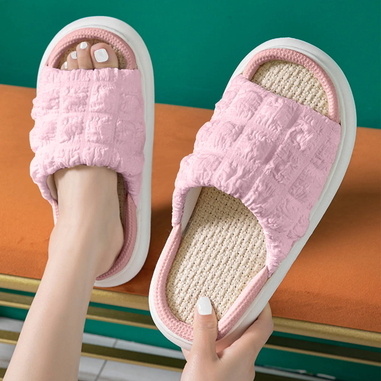 Unisex Home cotton Linen Shoes Women'sThick Bottom Slippers Indoor