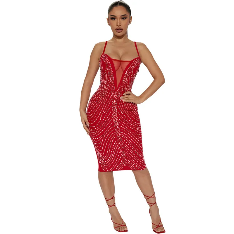 

Spaghetti Strap Summer Women Bodycon Diamonds Sexy Knee Length Party Dress 2023 Mesh Patchwork Rhinestone Night Club Dress Black