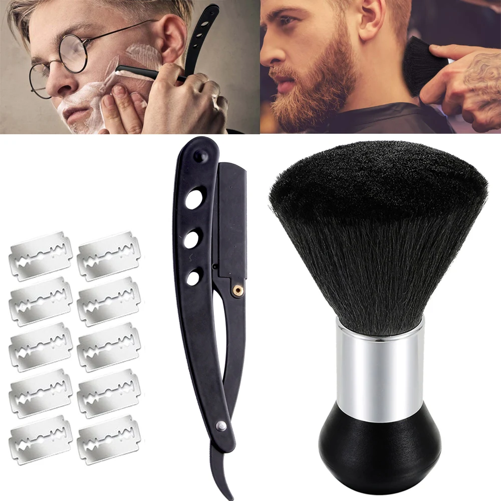 

1set Men Stainless Steel Shaver Trimming Tools with 10pcs Shaving Blades Haircut Beard Eyebrow Shaving with Neck Duster Brush