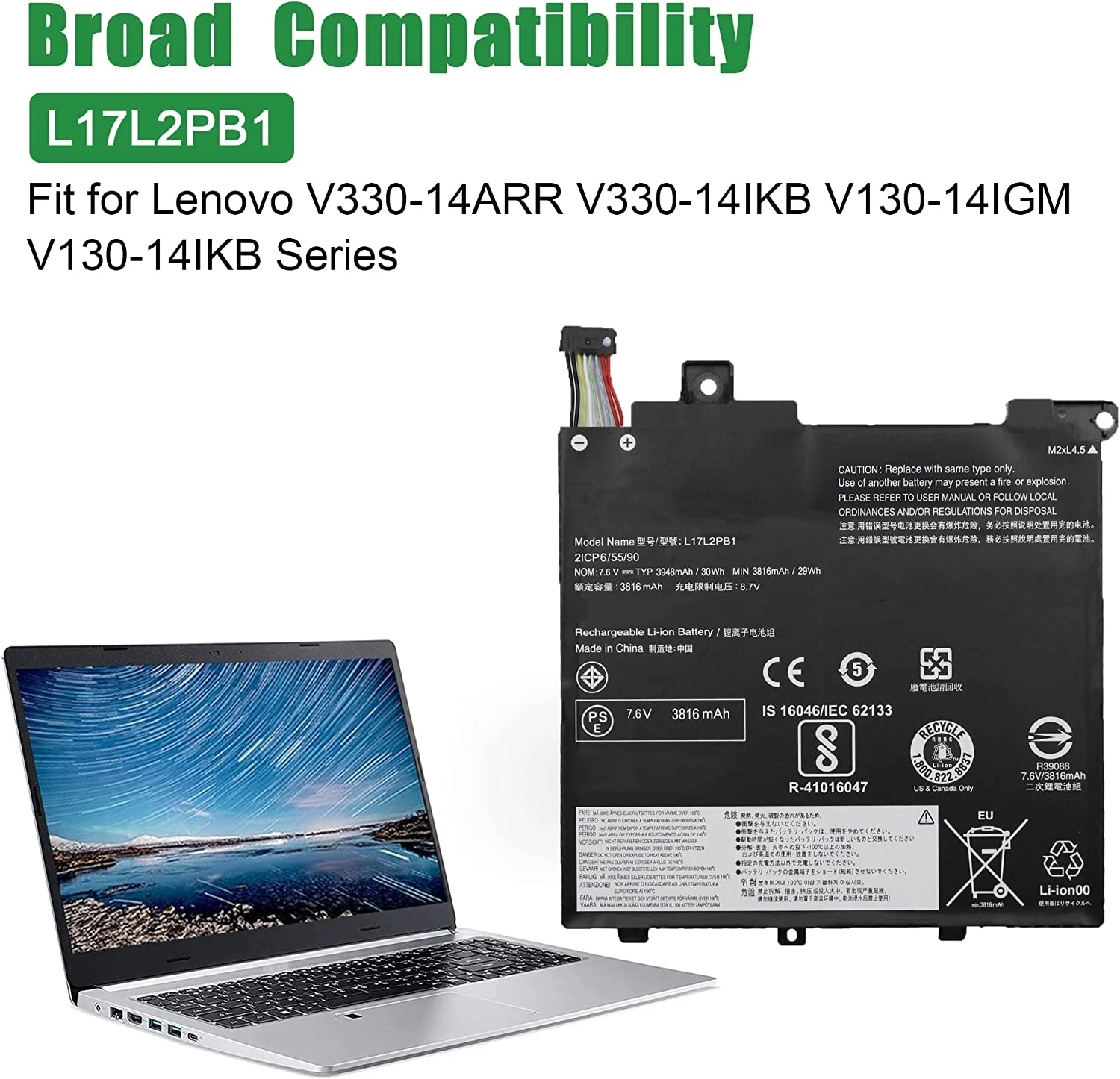 Bateria do Portátil Substituição para Lenovo L17m2pb1 V33014arr V330-14ikb Series 5b10p54001 5b10w67379 L17l2pb1 L17c2pb2 - Imagem 6