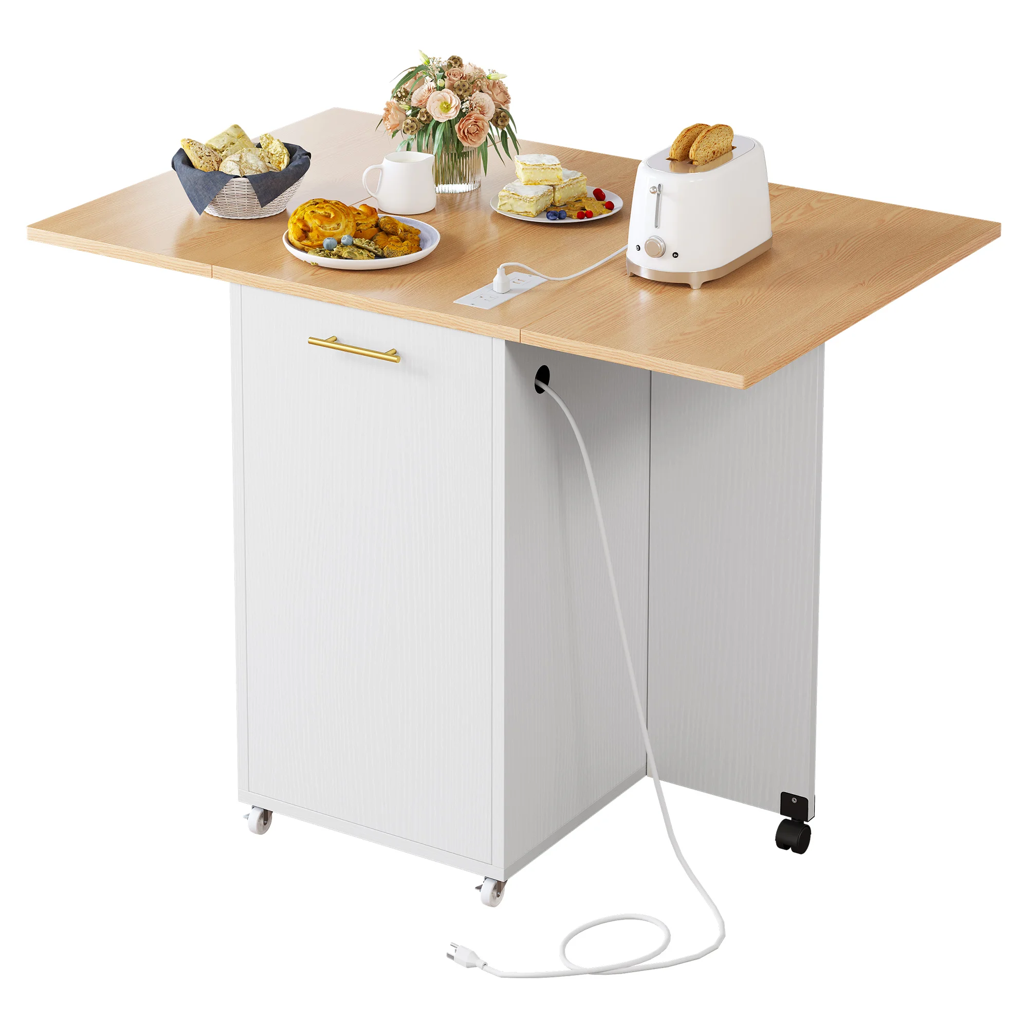 Kitchen Island Cart Rolling Folding Kitchen Cart with Trash Can & Power Outlet
