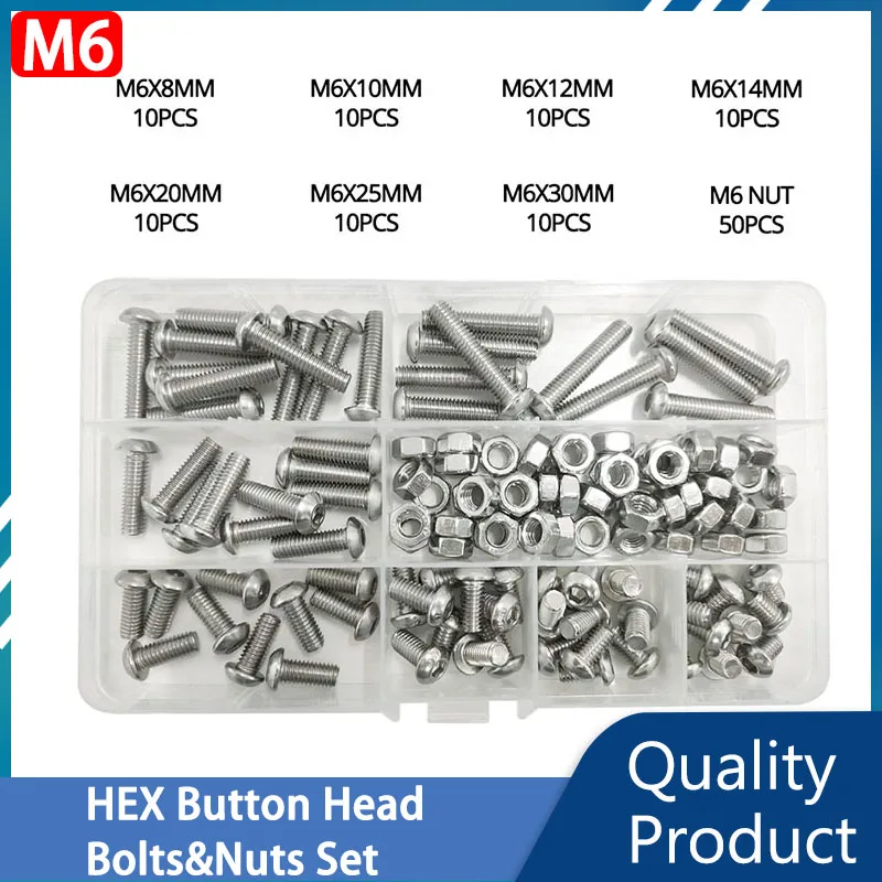 

304 Stainless Steel M6 Hex Hexagon Button Round Head Bolts Nuts Set Metric Thread Allen Screw Assortment Kit Metalworking Tools