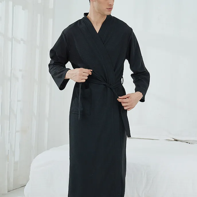 New Men's Waffle High-Quality Robe Long Men and Women Universal Residence Clothing Bathrobe Solid Black Plaid Couple Nightgowns