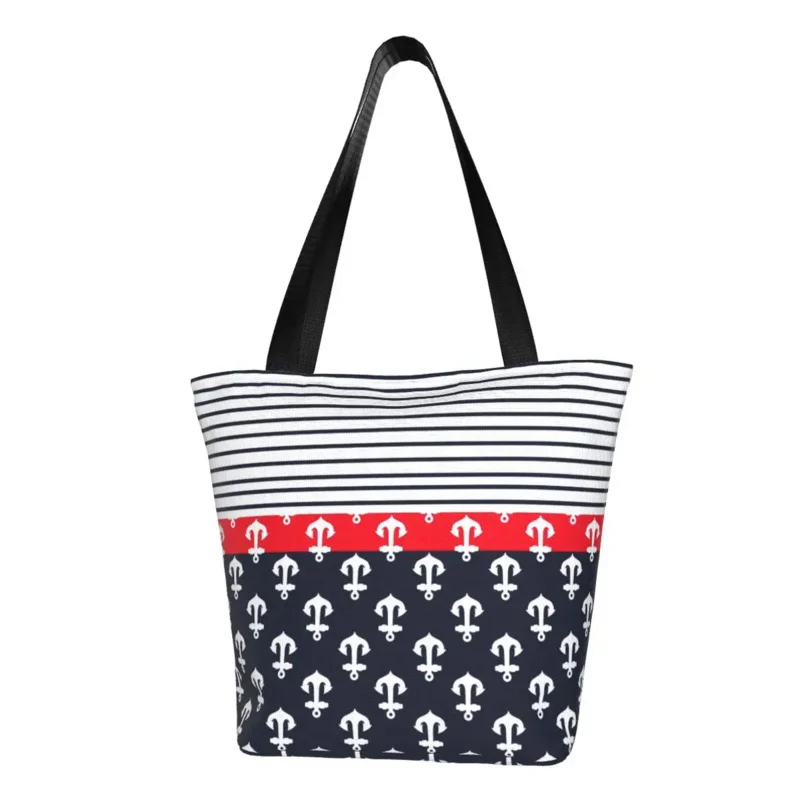 

Reusable Nautical Anchor Stripes Shopping Bag Women Canvas Shoulder Tote Bag Durable Sailor Sea Style Groceries Shopper Bags