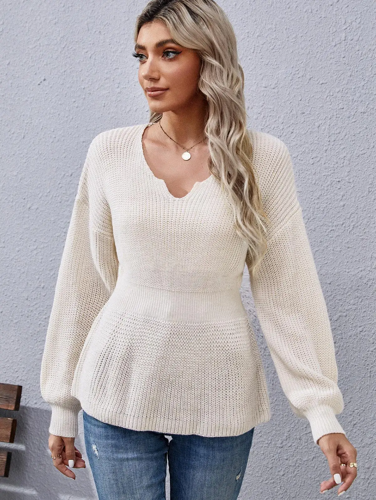 ZAFUL Women's Daily Elegant V-notch Drop Shoulder Peplum Winter Regular Drop Shoulder Sweater 2
