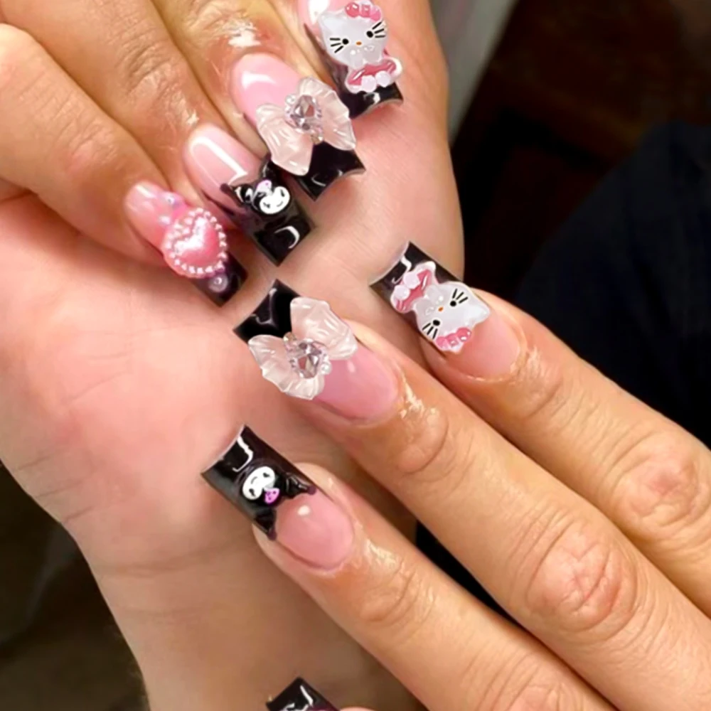 24개입 3D 헬로키티 쿠로미 Y2K 프레스온 네일 핑크 리본 하트 펄 라인스톤 관 모양 가짜 손톱 풀커버 프렌치 네일  _