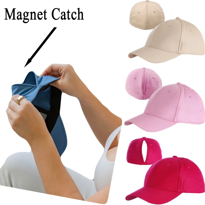 1 pc women quick-drying magnetic suction ponytail hat cap outdoor sunscreen solid ponytail baseball cap golf with magnet