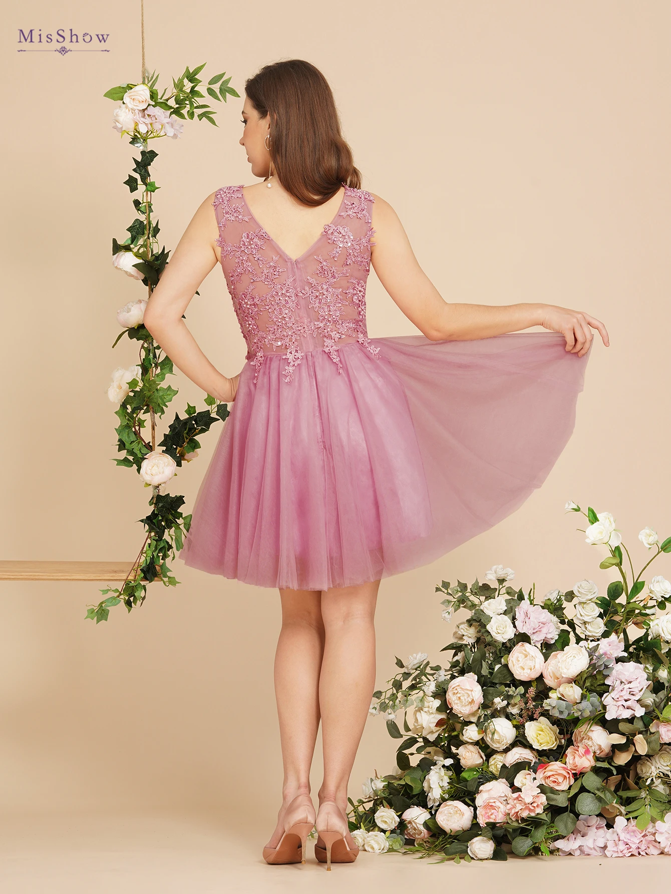 Dusty Pink A Line Short Cocktail Dreses Tulle Appliques Scoop Neck Graduation Homecoming Evening Formal Prom Party Gown Vestido