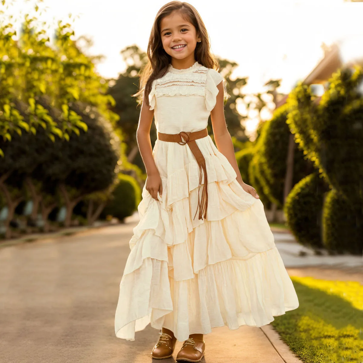 chinese dress ladies in Stock Size 4 and 6 Authentic 1518 Long Sleeves Lace and Tulle Flower Girl Dress in Stock 4 Years / As in The Photo -Cappuccino (Wheat)