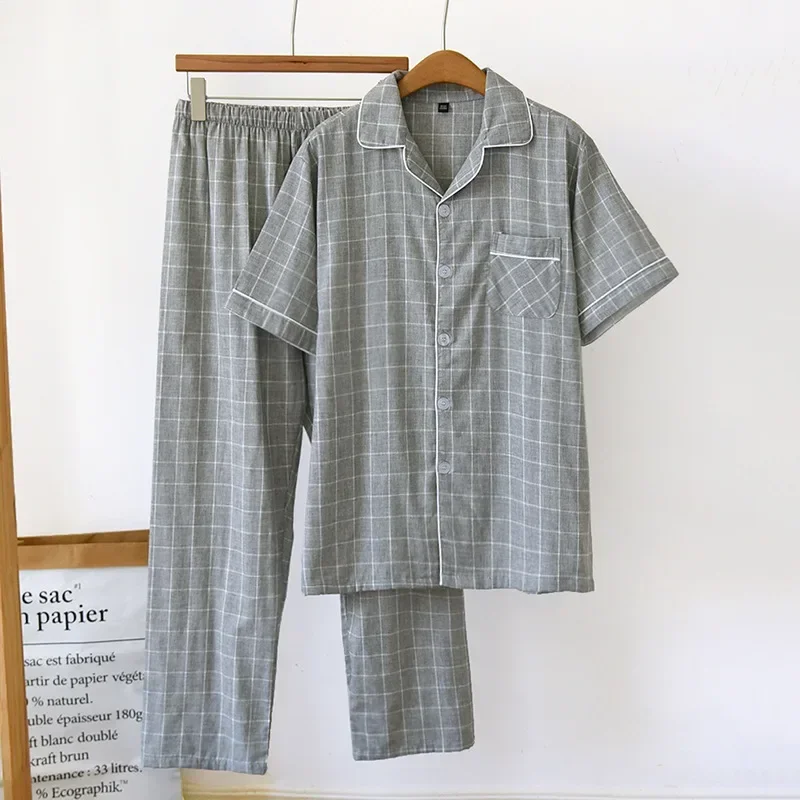 

Men's Grey Color Pyjama Homme Summer Plaid Design Cotton Short Sleeved Long Pants Men Sleepwear Set Pijamas for Men