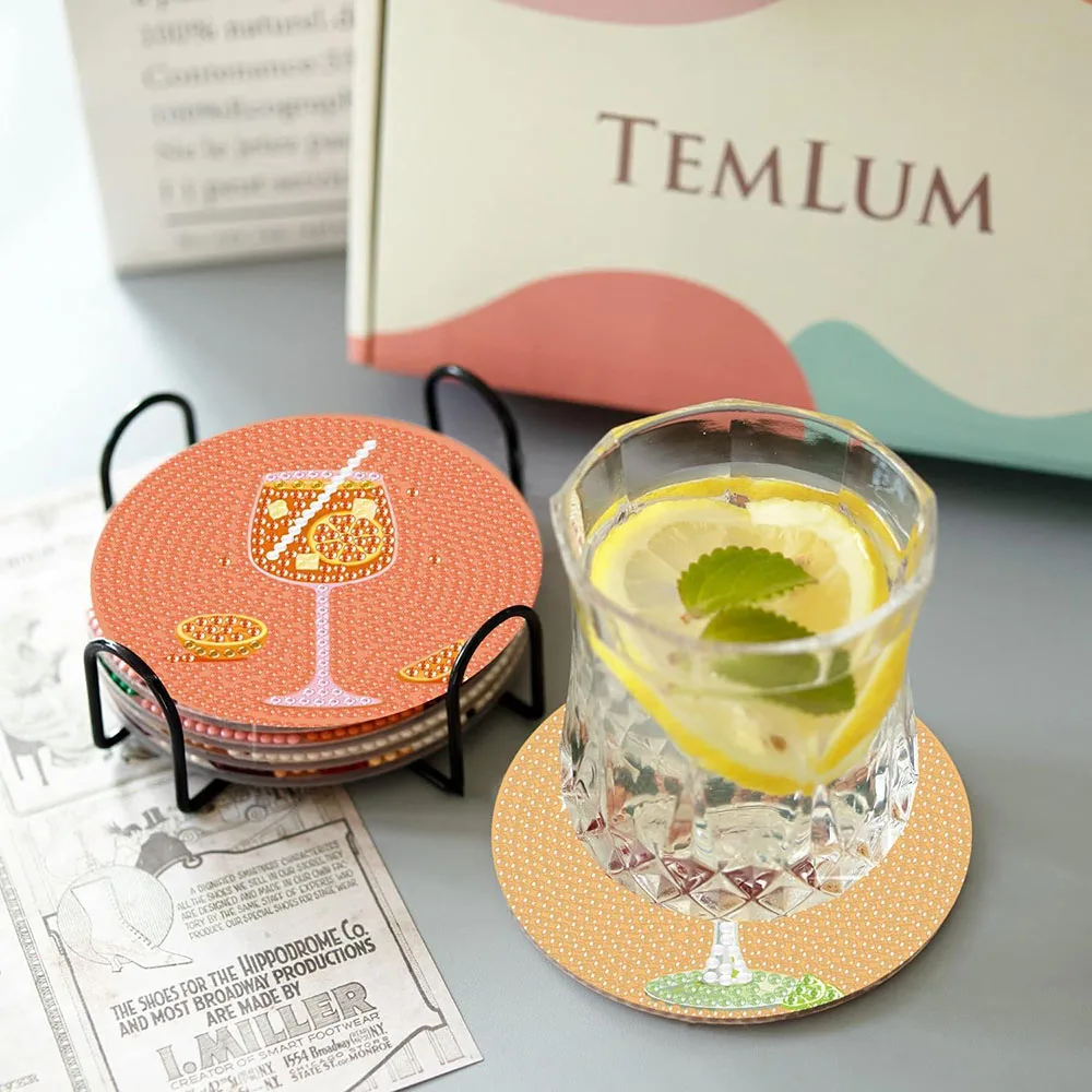 8PCS Retro Diamond Painting Coaster Kits Vintage Cocktail Diamond Art Coasters with Holder 5D DIY Full Drill Art Kits