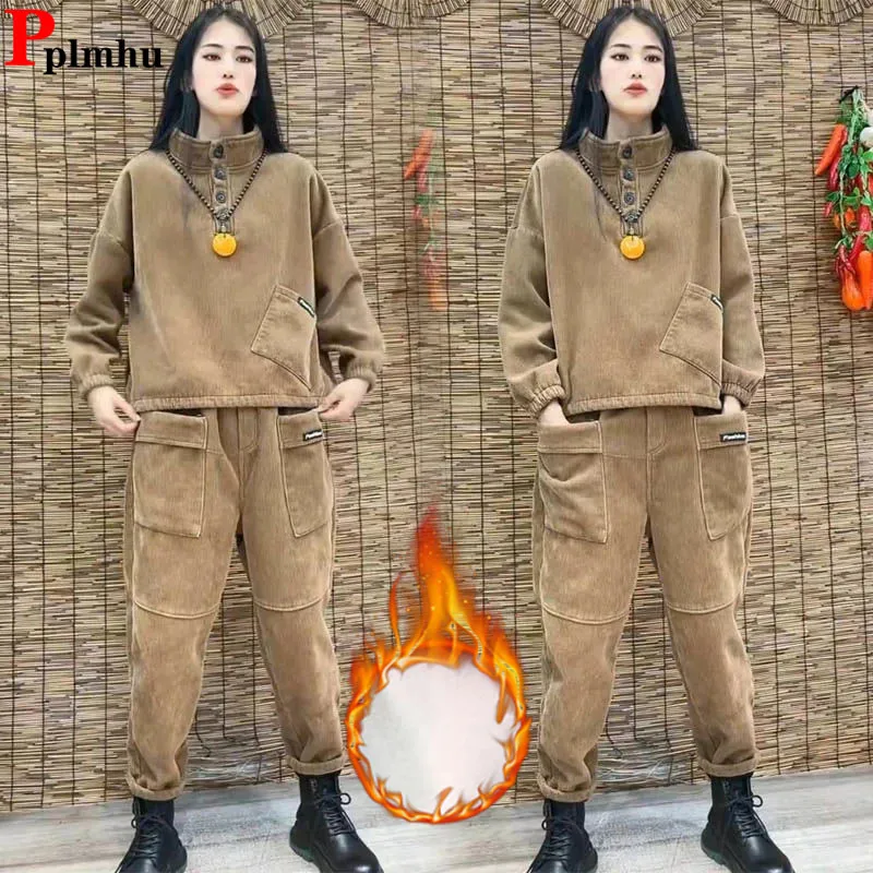 

Corduroy Plush Velvet Tracksuits Outfit Womens Thicken Warm Sweatsuits Conjunto Winter Joggings Ensemble Casual Two Peice Sets