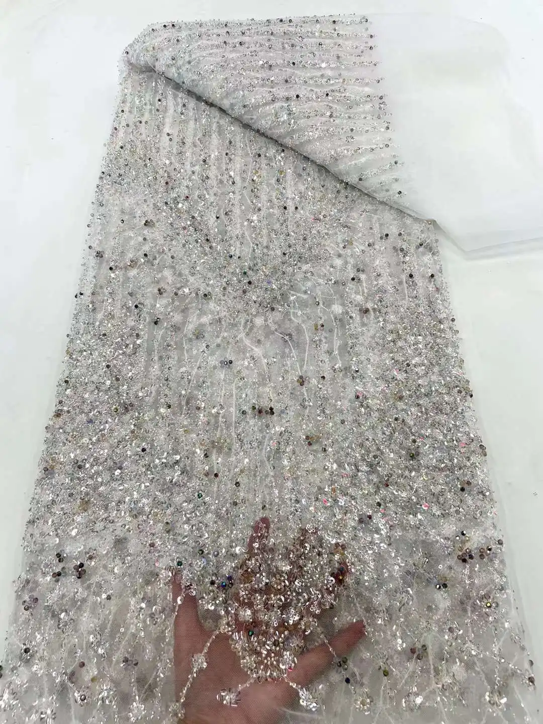 

White African Beads Groom Tulle lace Fabric 2023 High Quality Sequins Embroidery French Tulle Laces For Nigeiran Party Dress