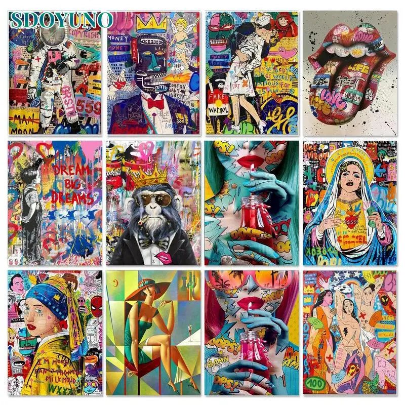SDOYUNO 낙서 추상 미술 DIY 그림 캔버스에 성인 프레임으로 현대 벽 예술 그림 번호 Diy 선물 