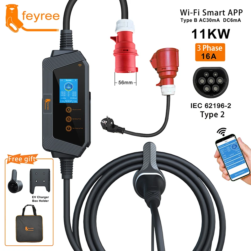 Fey123-Chargeur de voiture portable Vope2, câble EV, boîtier de charge EVSE, câble Wi-Fi, prise CEE pour véhicule électrique, 11KW, 16A, 3P