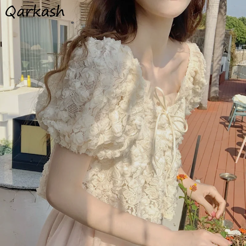 

Short Puff Sleeve Blouses for Women Bow Solid Design Crop Tops Sweet Korean Style Fashion Chic Girlish All-match Summer Daily