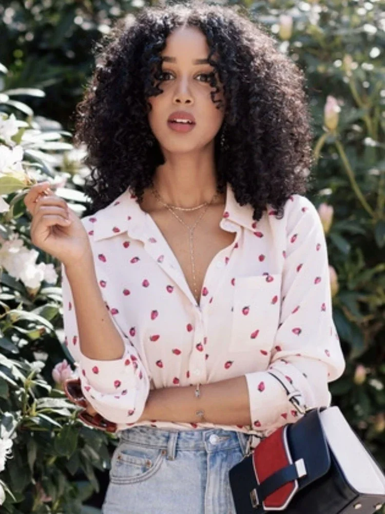 

Autumn New Cute Strawberry Print Silk Sand-washed Silk Crepe De Chine Lapel Long-sleeved Women Shirt