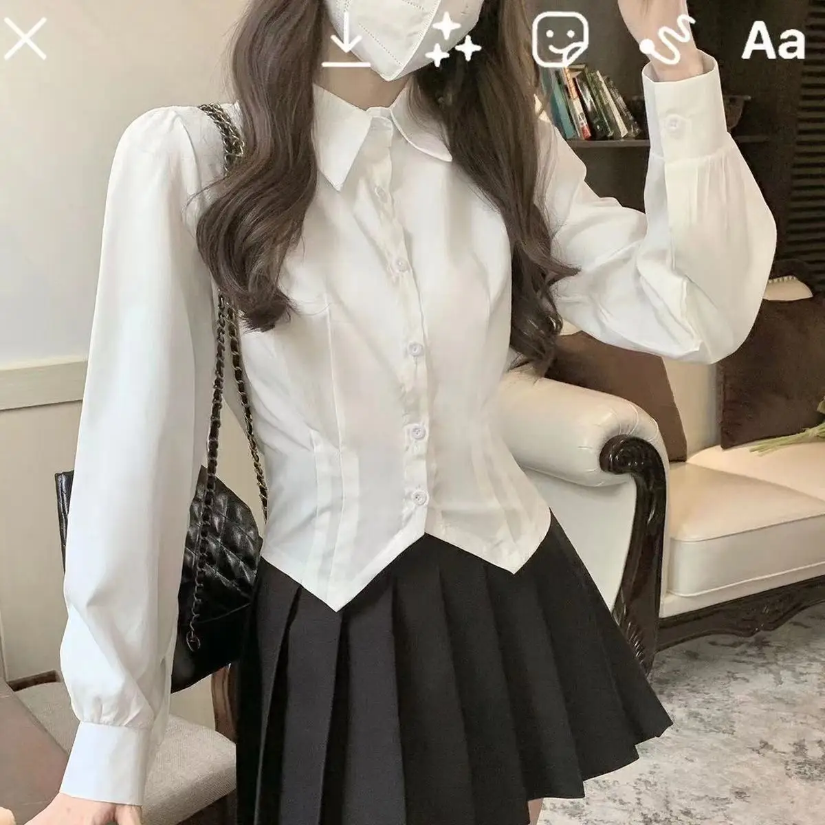 Camisa corta blanca de manga larga para mujer, túnica ajustada con botones, blusa básica, blusa escolar, blusa formal de cola de golondrina para mujer