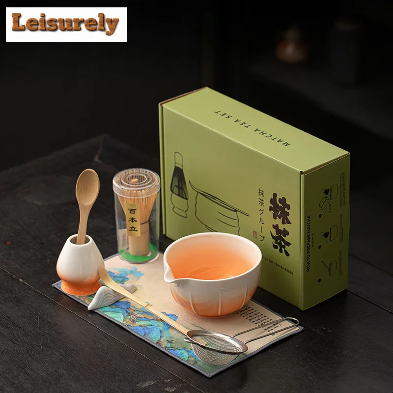 8PCS Creative Melon Ribbed Matcha Tea Set Japanese Ceremonial Gradient Color Ceramic Bowl Powder Whisk Gift Set Box Starter Kit