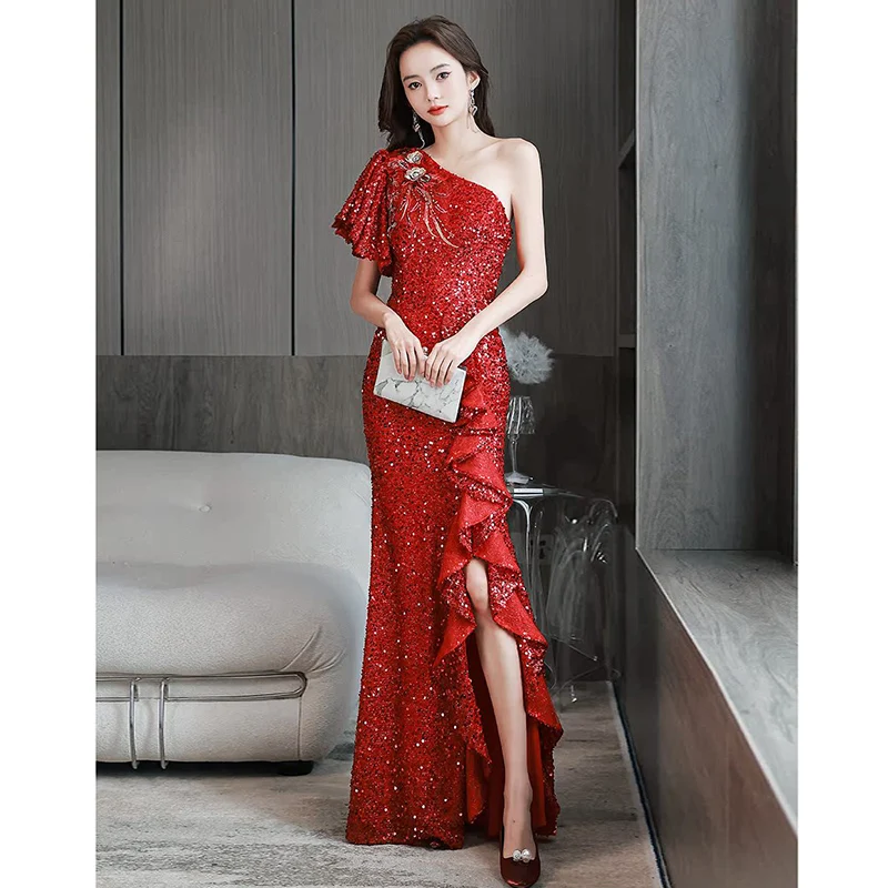 

Wine Red Sequin Women Evening Dresses For Wedding Sexy One Shoulder Slit Mermaid Prom Dresses Long