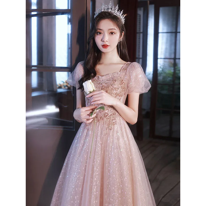 

Pink Formal Dresses Shiny Fluffy Mesh Evening Robe Slim Puff Sleeve A-Line Beading Banquet Gown Temperament Homecoming Vestiido