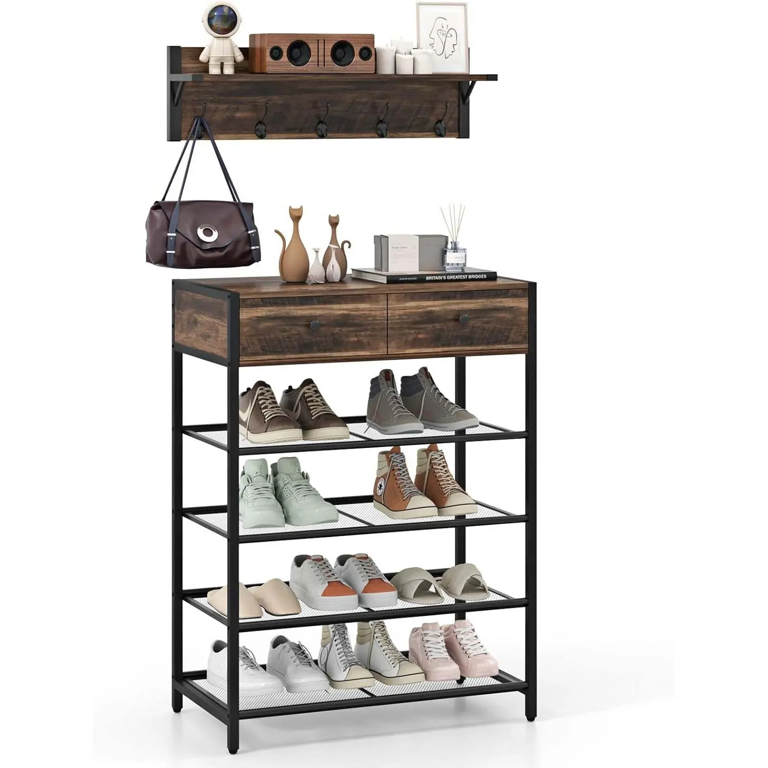 Wall Coat Rack with Shoe Rack, Wall Shelf with Shelf & 5 Hooks, Shoe Rack with 4 Grid Shelves & 2 Drawers & 2 Side Hooks
