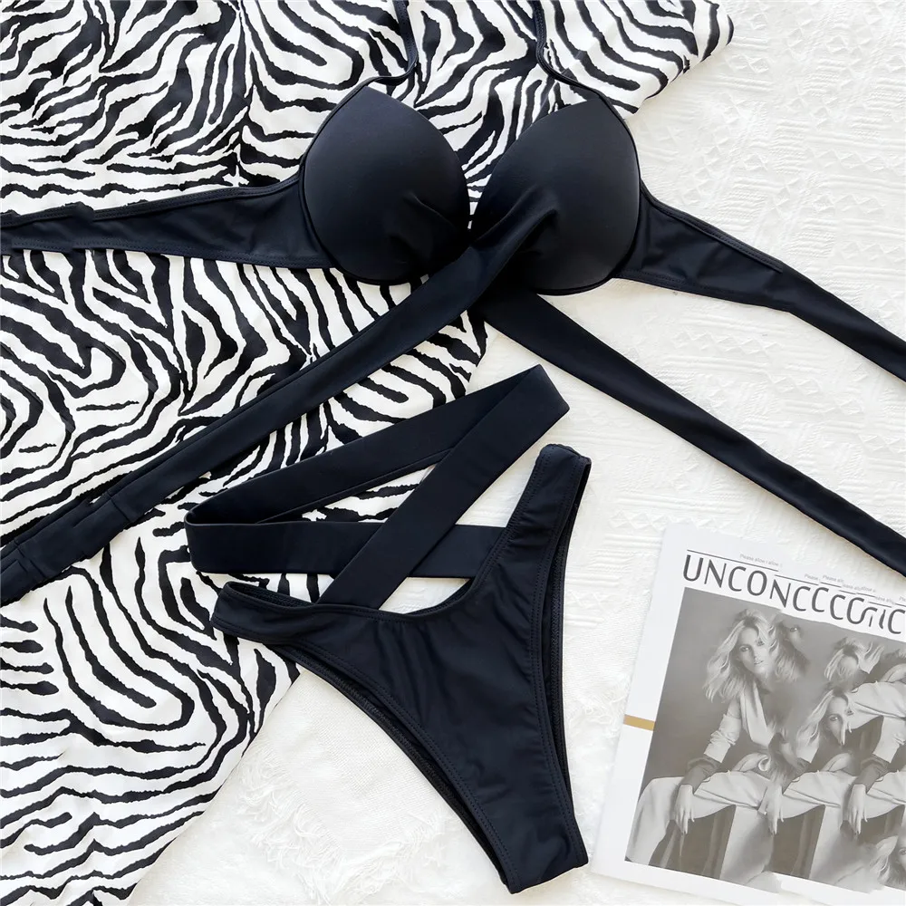 Black High Waisted Bikini Push Up Women String Halter Swimwear Cross Bandage Swimsuit Bathing Suit Brazilian Bikinis Sets 2025
