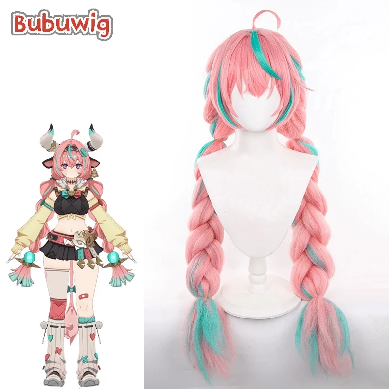 Cosplay Wigs Bubuwig Synthetic Hair Varesa Genshin Impact Varesa Role Play 100cm Pink Mixed Green Braided Heat Resistant