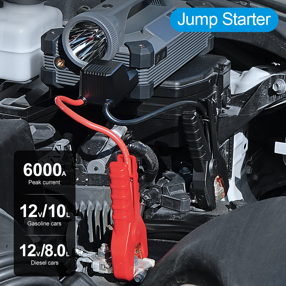 Camason Car Jump Starter 6000A/12V with Air Compressor Tire Inflator for Car 15W Flashlight and Camping PD 65W Power Bank car jump starter,jump starter