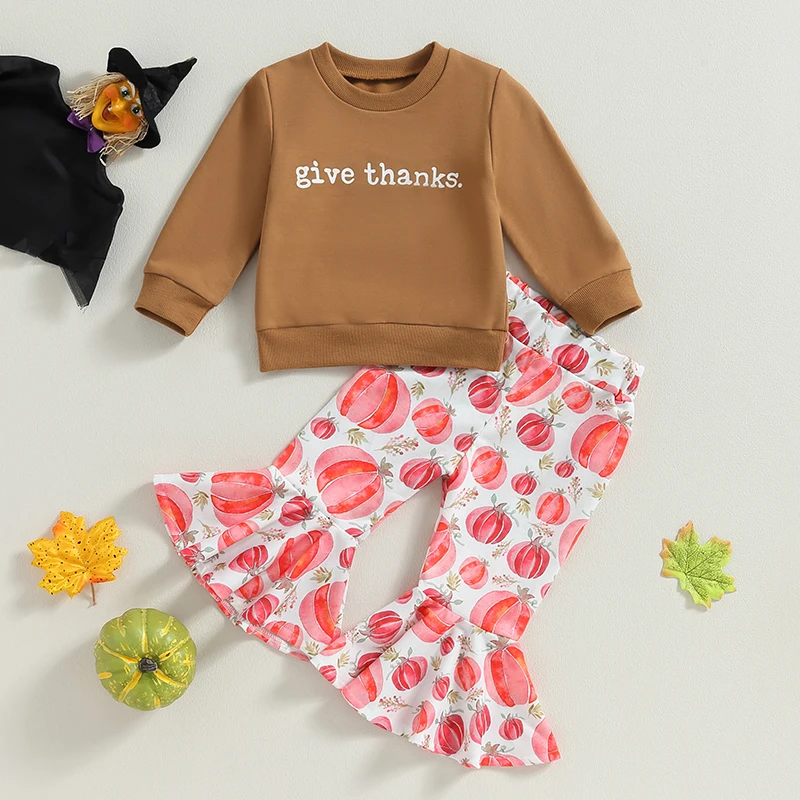 

Halloween 6M-4Y Kid Girls Pants Set Letters Print Sweatshirt with Pumpkin Print Flare Pants 2Pcs Clothes Sets