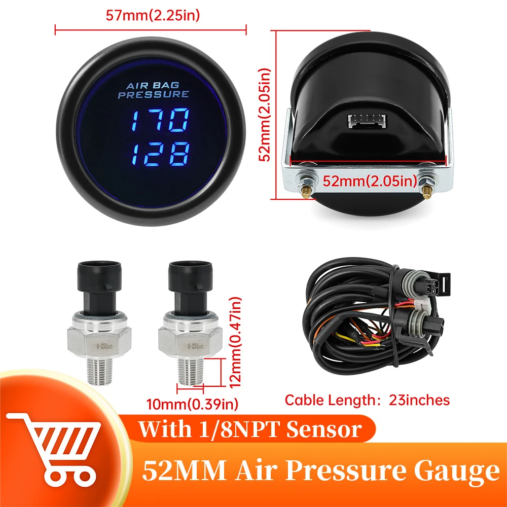 Dual Digital Display Air Suspension Pressure Gauge 52mm Air Ride Air