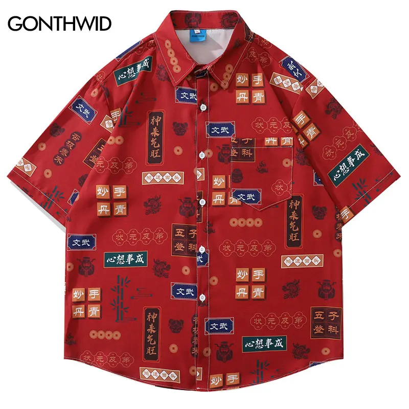 

Mens Hawaiian Shirt Streetwear Hip Hop Chinese Character Print Summer Beach Short Sleeve Shirts Men Fashion Casual Pocket Blouse