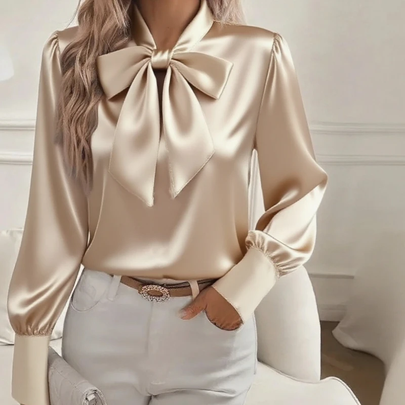 New Spring and Autumn Women's Bow Lace-up Satin Long-sleeved Shirt Elegant Fashion Solid Color Satin Vintage Blouse Fall Clothes
