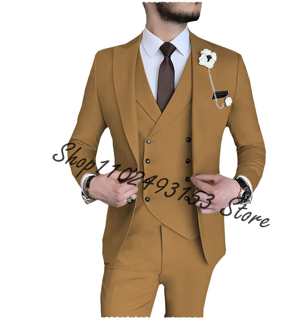 Khaki Business Men's Suits 3-piece Set (Jacket Pants Vest) Wedding Groom Tuxedos Formal Slim Fit Men Blazer Trajes De Hombre