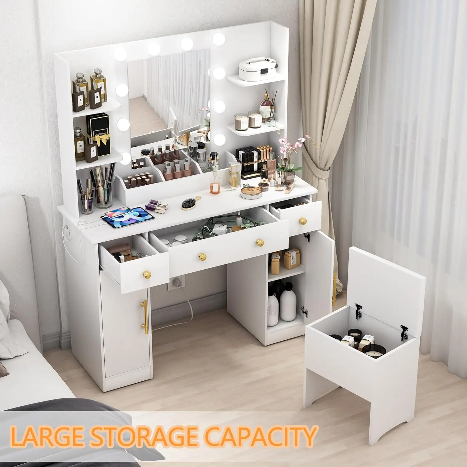 Vanity Desk with Mirror and Lights, 43'' Dressing Table Set with 5 Drawers & Cushion Chair, Power Strip, 3 Lighting Color Adjust