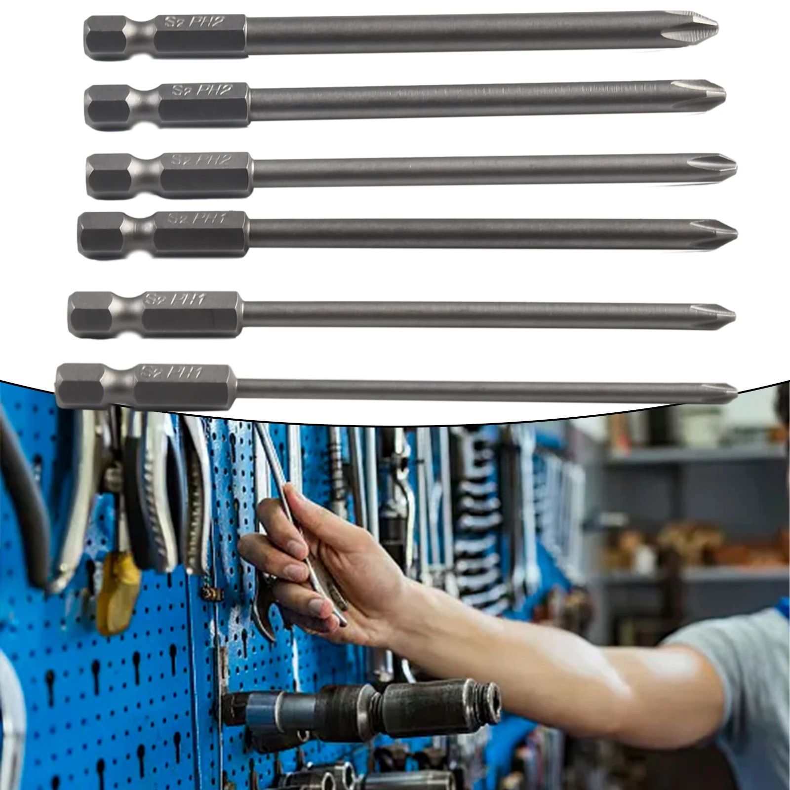 6-teiliges Schraubendreher-Set, 100 mm lang, legierter Stahl, magnetischer Sechskantschaft, Kreuzkopf, PH1, PH2, Schraubendreher-Bit, Elektrowerkzeug-Zubehör – Detail 2