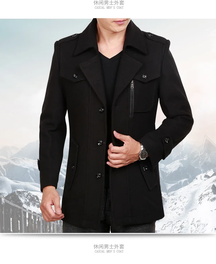 nova moda masculina médio longo cachecol gola de inverno grosso quente casaco de lã casaco masculino cor sólida trench overcoat