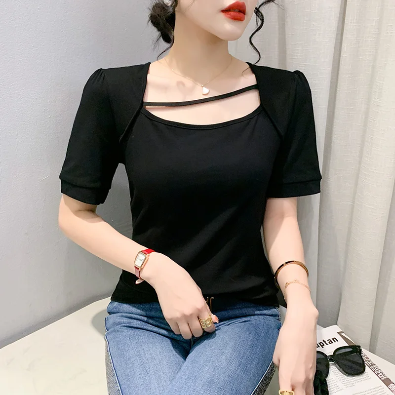 

#6202 Summer Black White Short Sleeve T Shirt Women Square Collar Short Womens Tshirt Slim Korean Style Streetwear Tee Shirt
