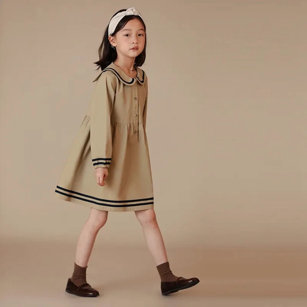 

6-14 Years Little Girls Dress Spring Kids Long Sleeve Solid Color Casual Dresses for Girls Khaki Peter Pan Collar Princess Dress