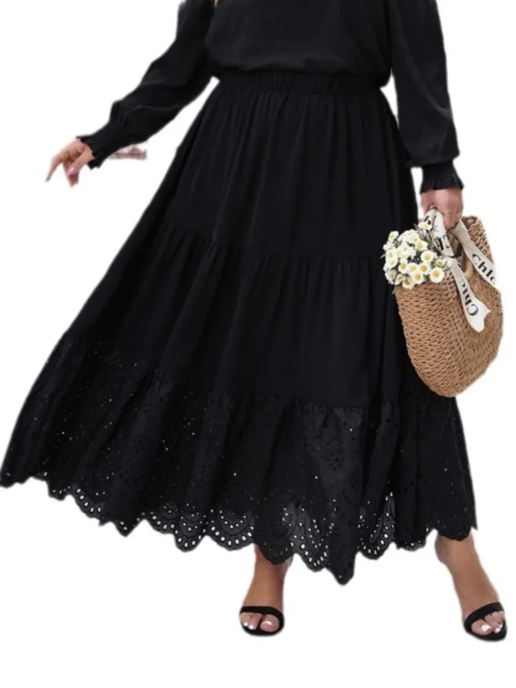 Plus Size Spring Long Skirts Women Hollow Out Loose Ruffle Pleated Ladies Skirts Elastic High Waist Fashion New Woman Skirts