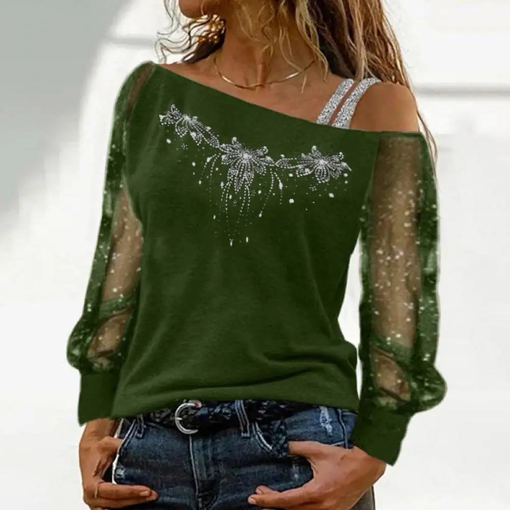 

Fall Spring Women Top See-through Mesh Patchwork Shiny Sequin Rhinestone Diagonal Collar Loose Long Sleeve Flower Pattern One Sh