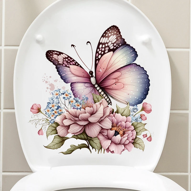 Butterflies Plants Flowers Toilet Stickers Waterproof Bathroom Toilet Decor Decals Living Room Cabinet Decor Self Adhesive Mural