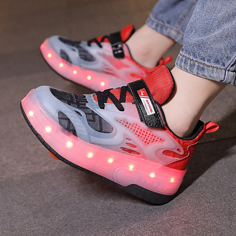 Kids 2 Wheels Shoes Detachable Deform Roller Skates LED Light Flashing Outdoor Skating Parkour Runaway Child Girls Boys Sneakers
