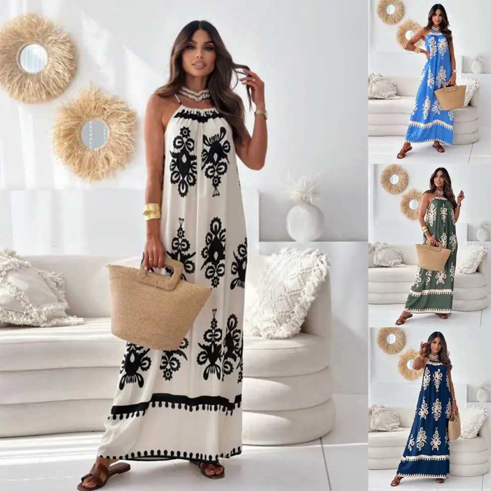 Abito estivo da donna, senza maniche, stile boho estivo, da spiaggia, bohémien, da spiaggia, da spiaggia, da festa, con stampa floreale, bianco, S