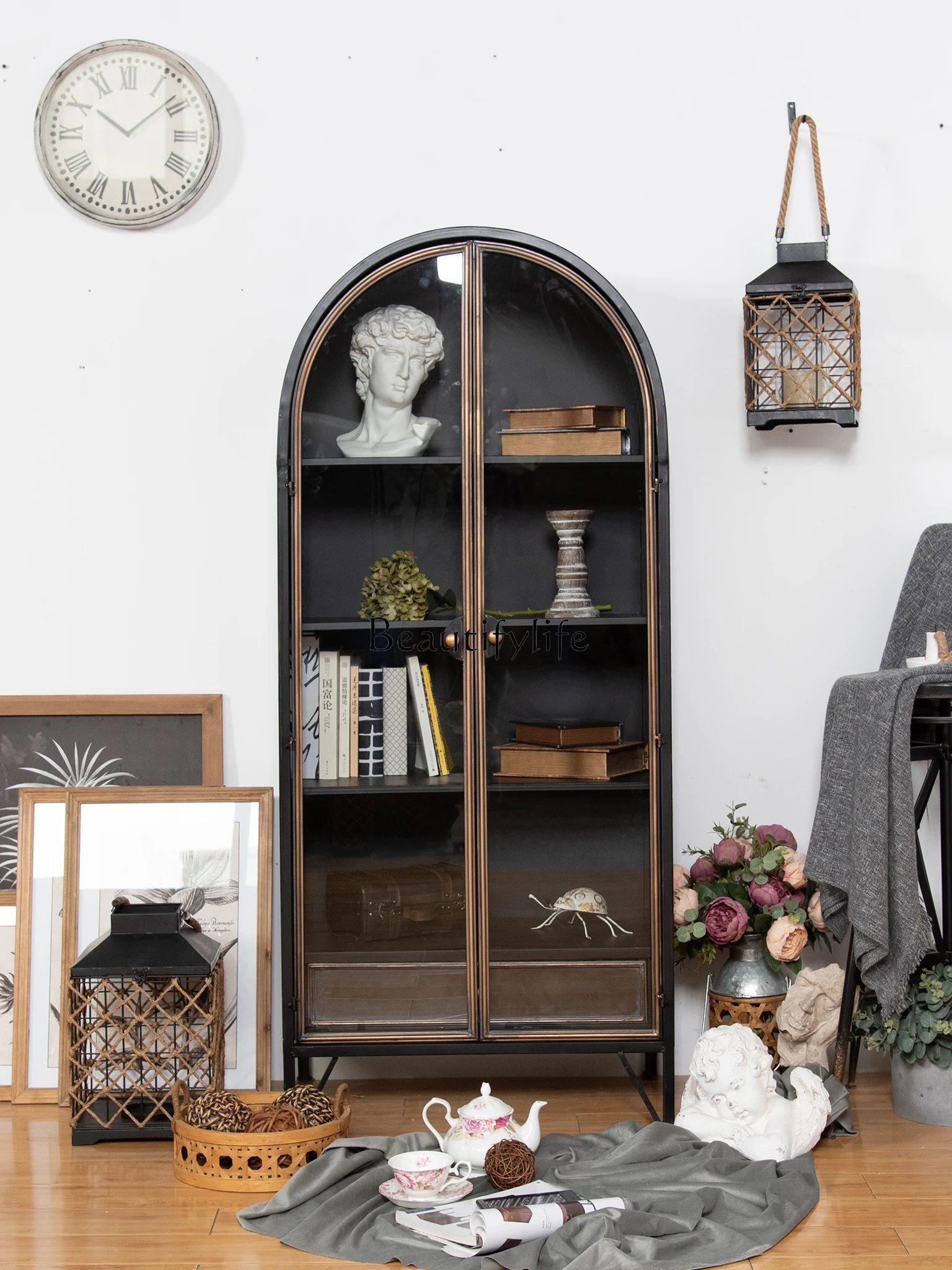 

Industrial Style Iron Bookcase Living Room Study Glass Door Floor-to-Wall Multi-Layer Storage Cabinet