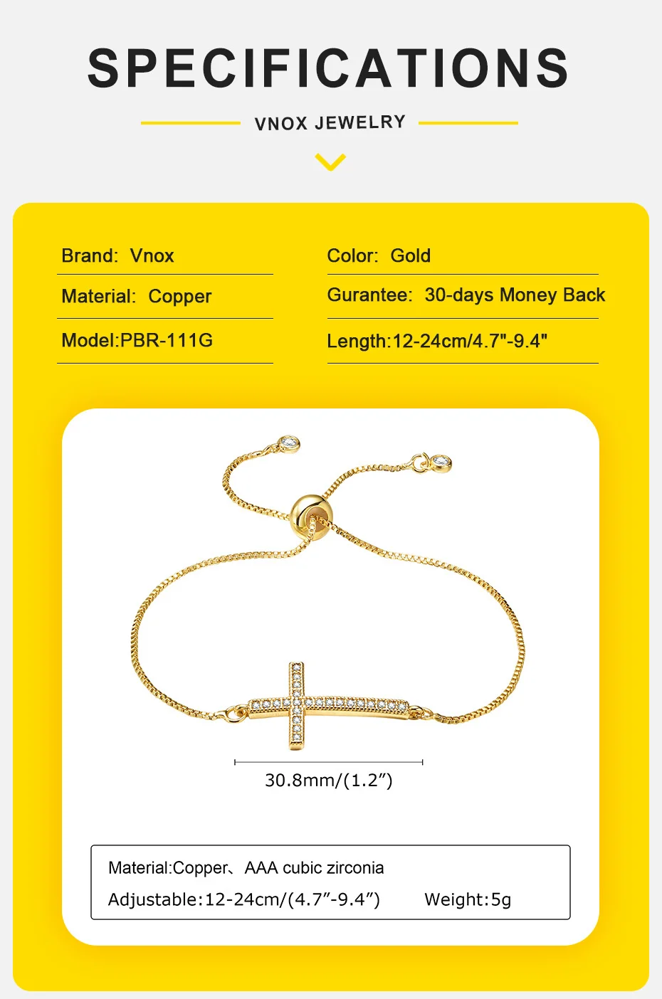Vnox Kreuzarmbänder mit vollem CZ-Steinen für Damen und Teenager, goldfarbene, schmale Box-Gliederkettenarmbänder, Armband, Religion Faith-Accessoire – Detail 4